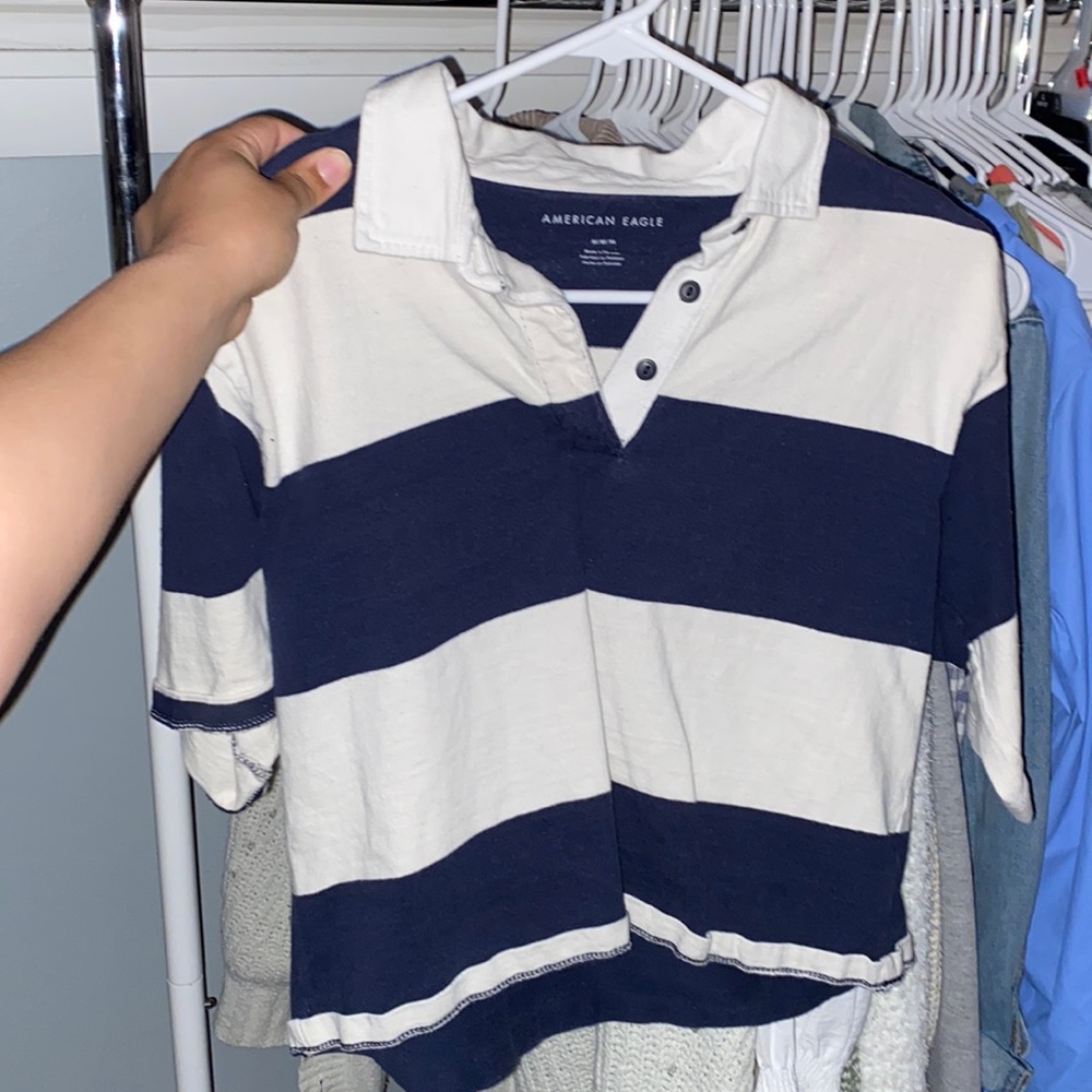 American Eagle Blue and White Striped shirt with collar (size medium)